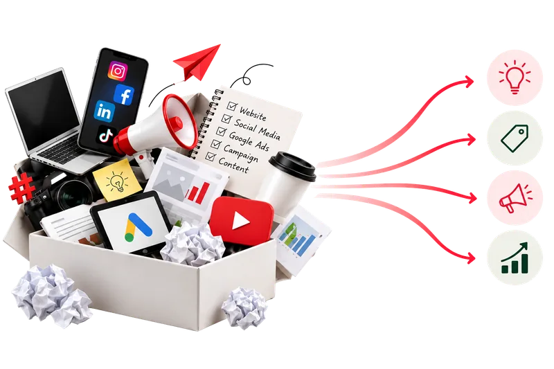 A box overflowing with marketing tools: phone, laptop, megaphone, ads and a checklist