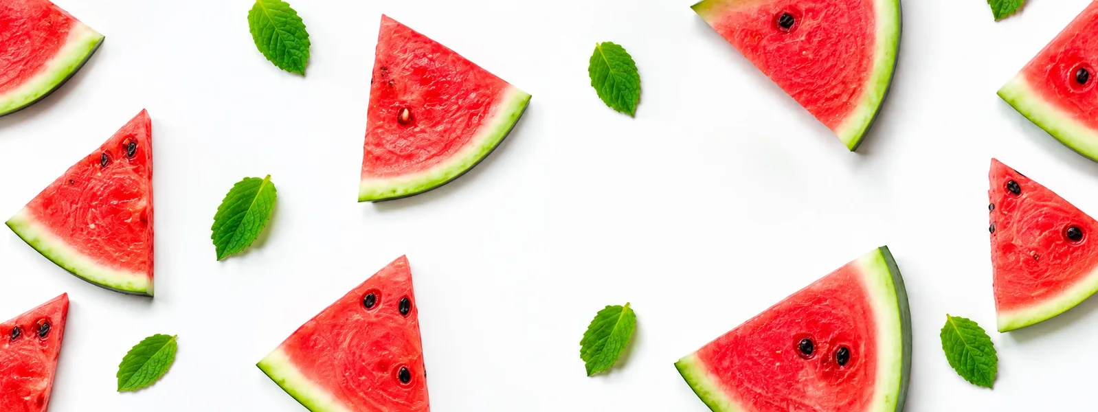 Watermelon slices and mint leaves on a white table